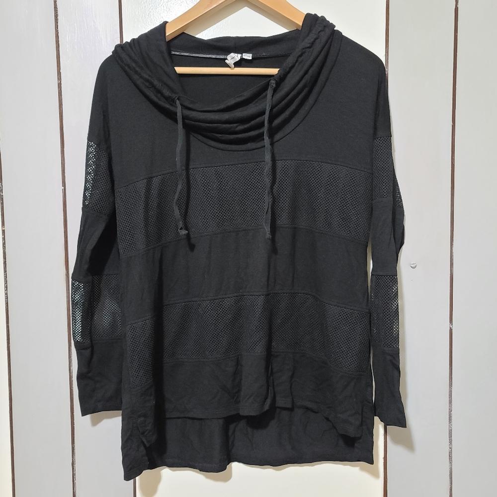 Cable and Gauge black mesh cowlneck tunic